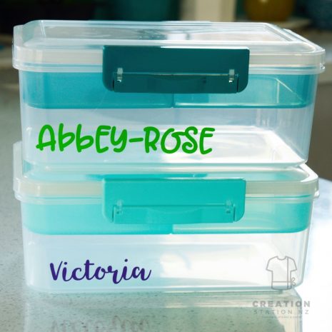 Name label decals - showing vinyl letters on a lunchbox