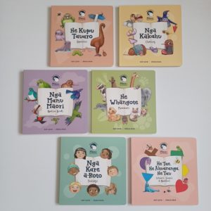 Te Reo Board Books sets featuring Colours, Shapes, Numbers, Feelings, Native Birds, Mammals, Clothing and Opposites by Kat Quinn.